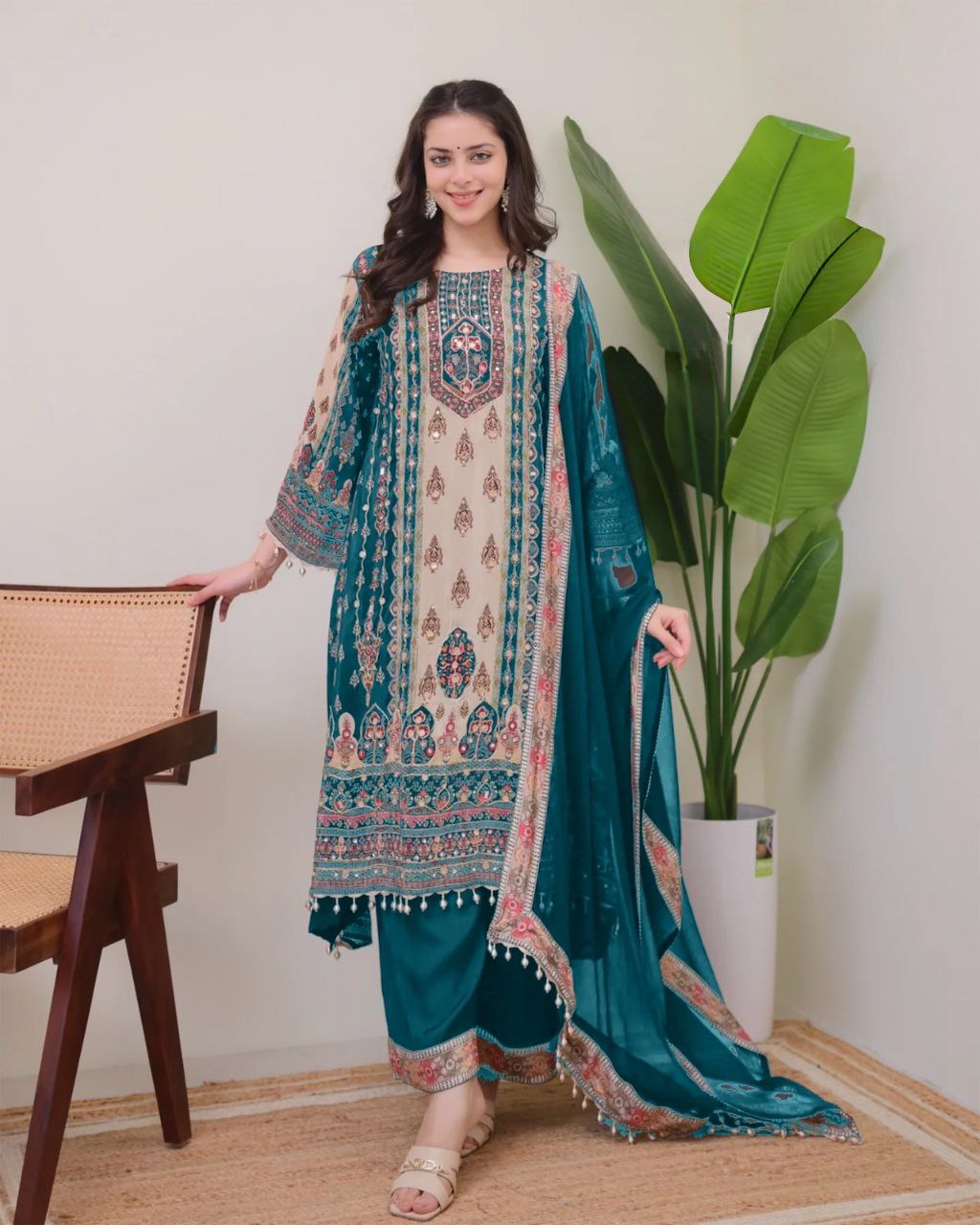 Royal Teal & Beige Printed Model Satin Suit Set with Fancy Mirror Work