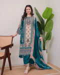 Royal Teal & Beige Printed Model Satin Suit Set with Fancy Mirror Work