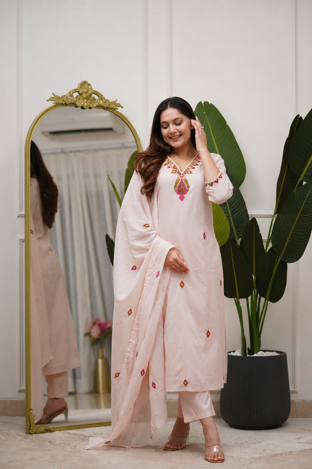 Premium Blush Pink PV Mul Embroidered Suit Set with Dupatta