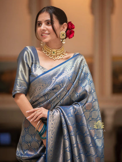Trendy Blue Soft Silk Saree With Admirable Blouse Piece