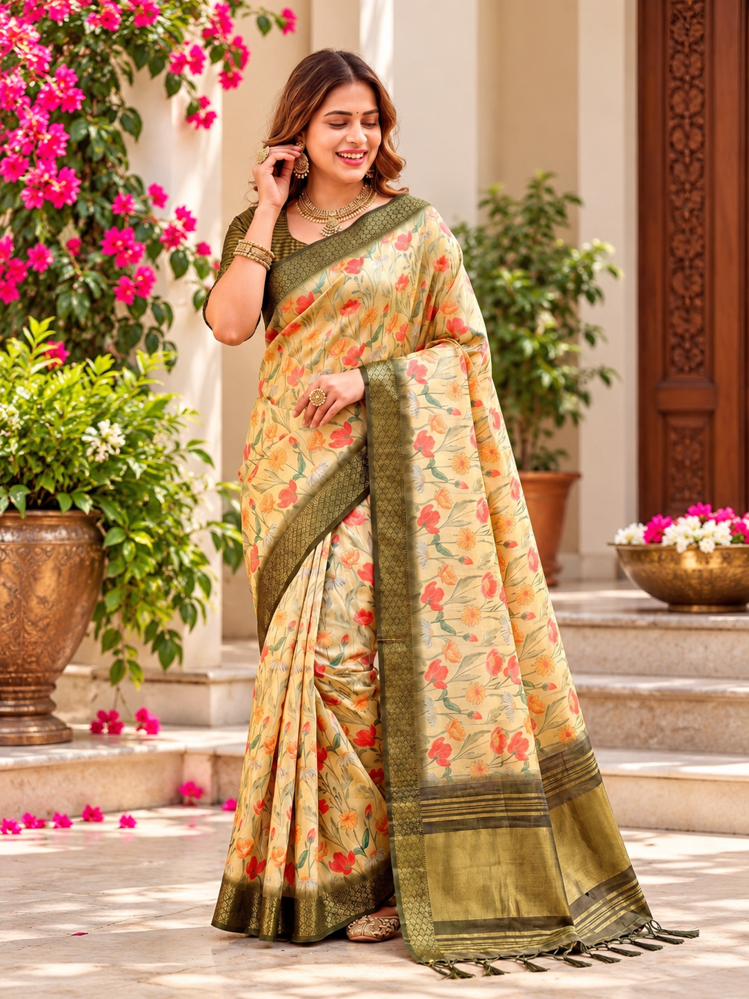 Premium grade Soft Tissue Silk Saree with Pastel Floral Print & Zari Border