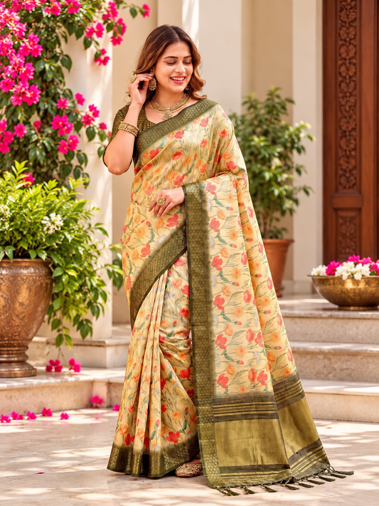Premium grade Soft Tissue Silk Saree with Pastel Floral Print & Zari Border
