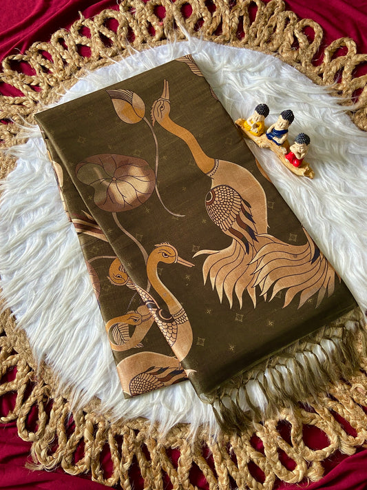 Aavira Olive Gold Crane Motif Soft Tussar Silk Saree