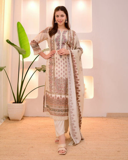 Elegant Cream Heavy Muslin Digital Printed Suit Set with Delicate Lace Work