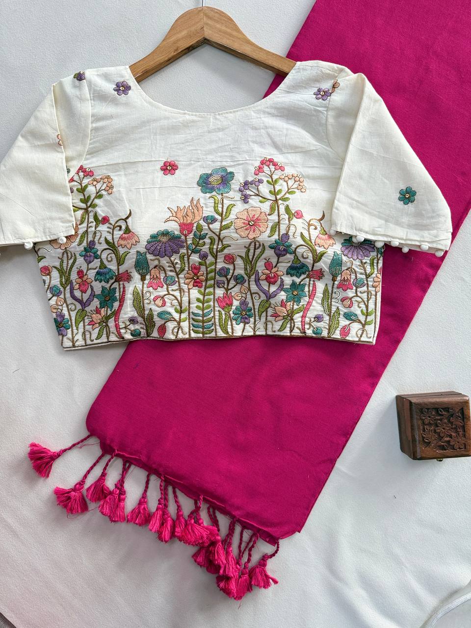 Pink Handloom Cotton Saree With Embrodery Work Stitched Blouse