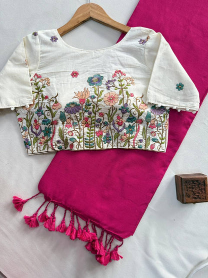 Pink Handloom Cotton Saree With Embrodery Work Stitched Blouse