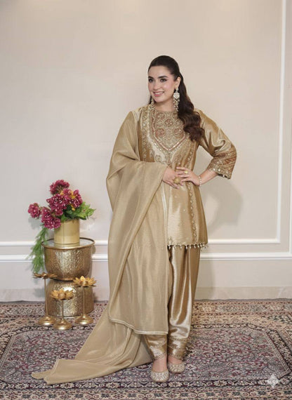 Royal Gold Fandy Silk Sequence Embroidered Salwar Suit Set