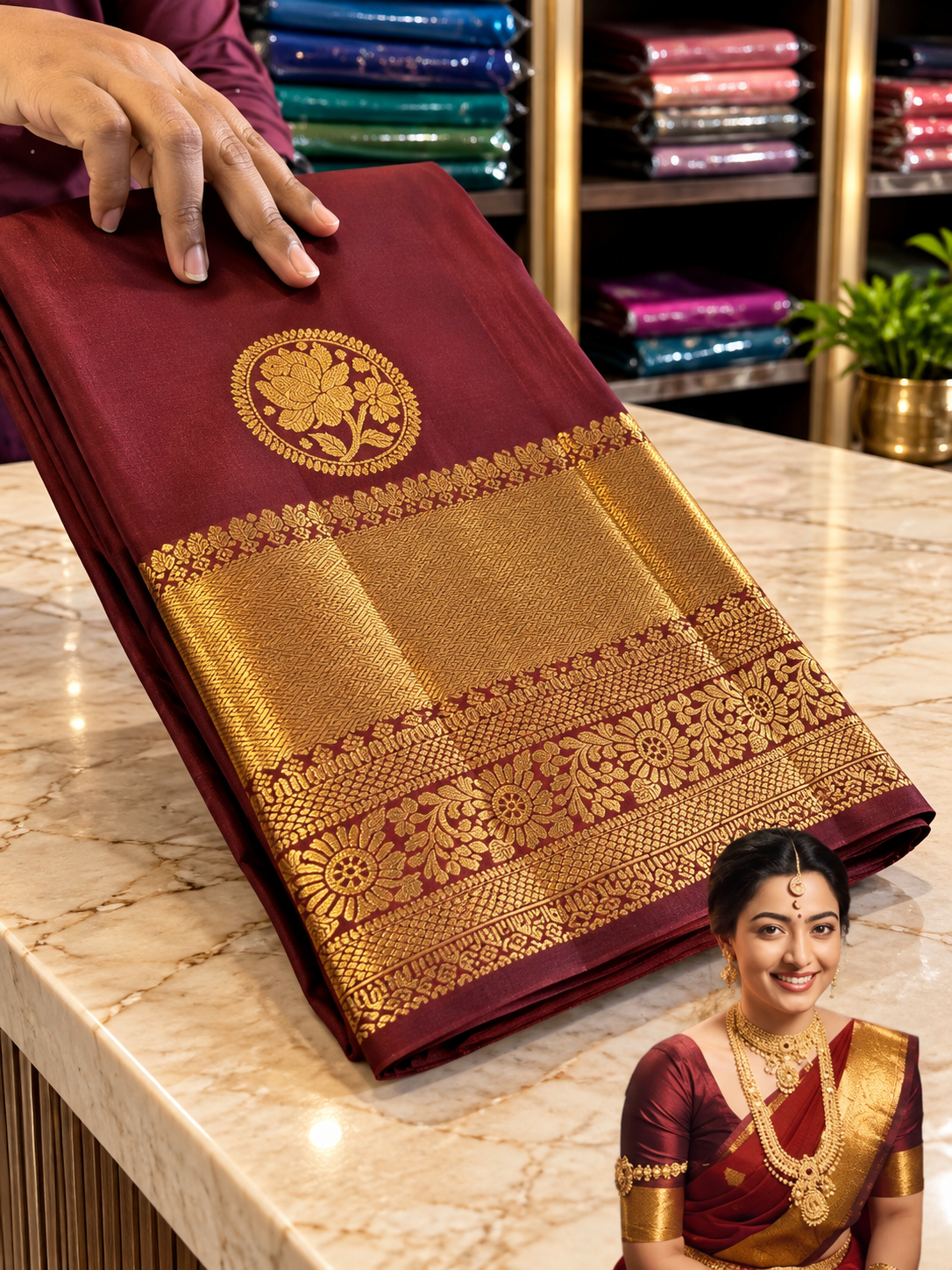 Beautiful Maroon Soft Banarasi Silk Saree with Traditional Floral Medallions