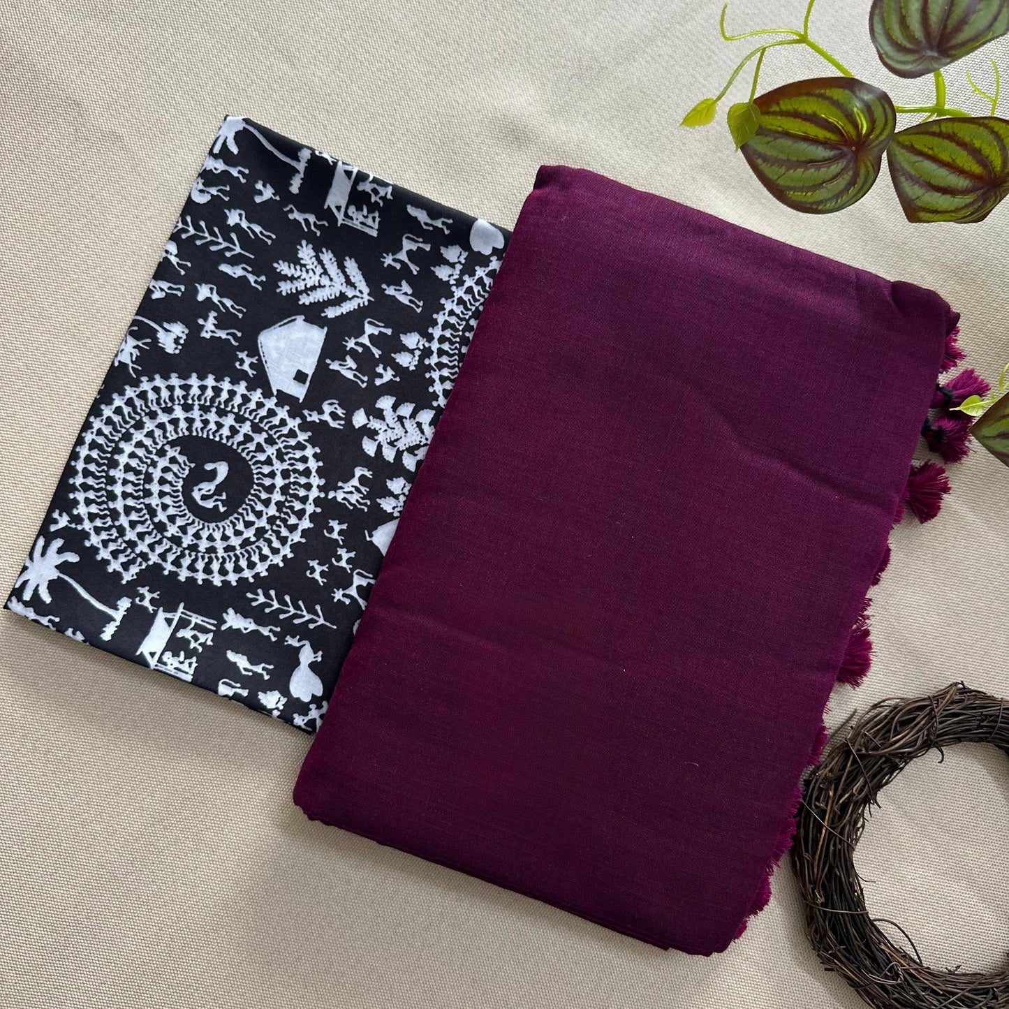 Attractive - Wine Handloom Cotton Saree With Printed Blouse