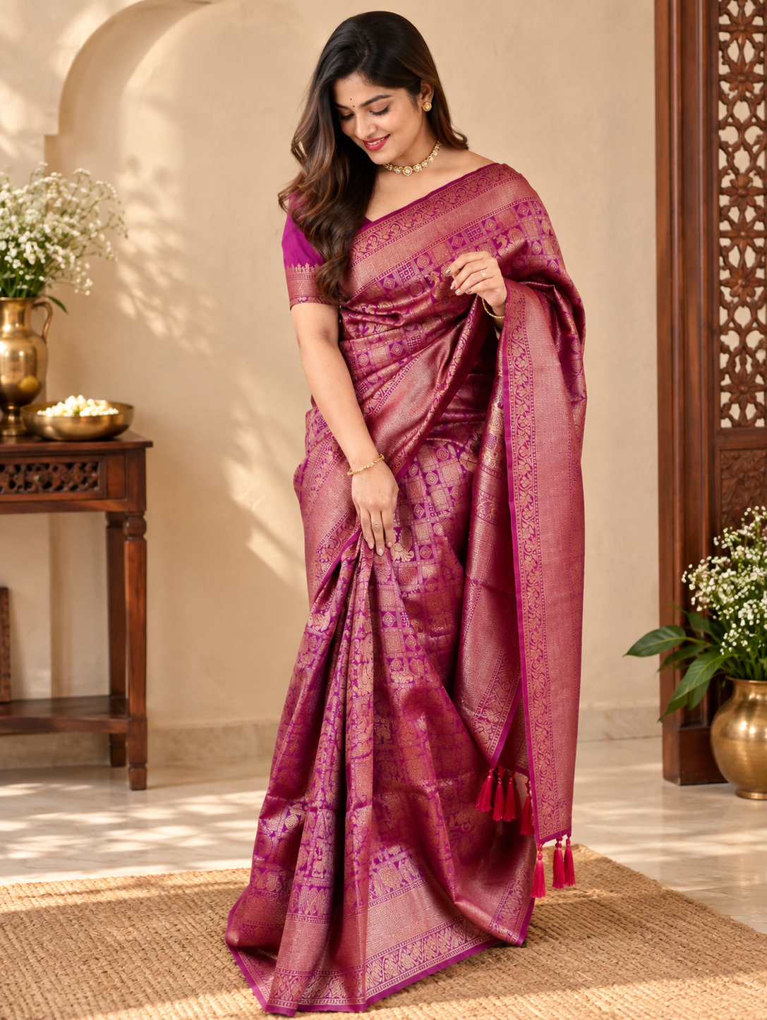 Elegant Magenta Purple Woven Soft Banarasi Silk Saree with Antique Blouse Piece