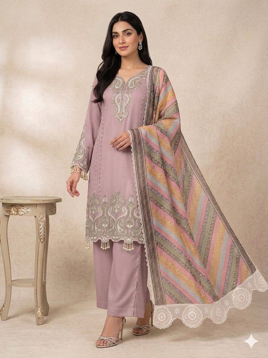 Elegant Star Georgette Embroidered Salwar Suit with Multicolor Chevron Dupatta