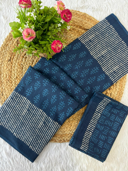 Beautiful Pure Mul Cotton Saree with Bagru Handblock Prints