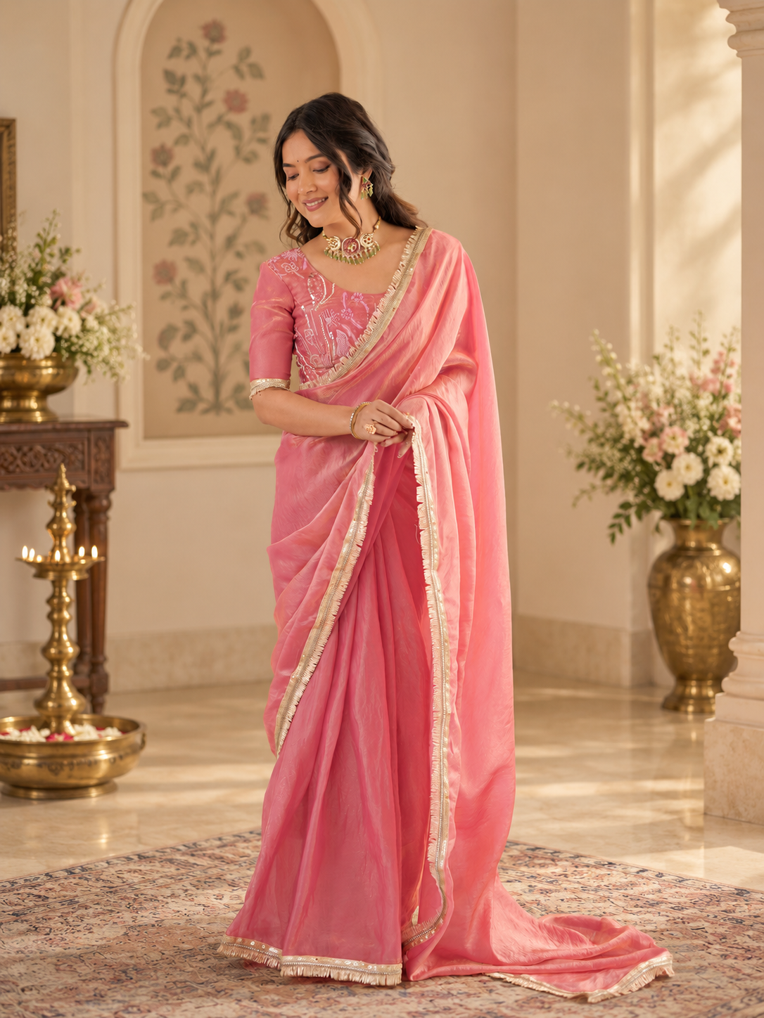 Elegant Rose Pink Fendy Silk Saree With Fancy Lace Work