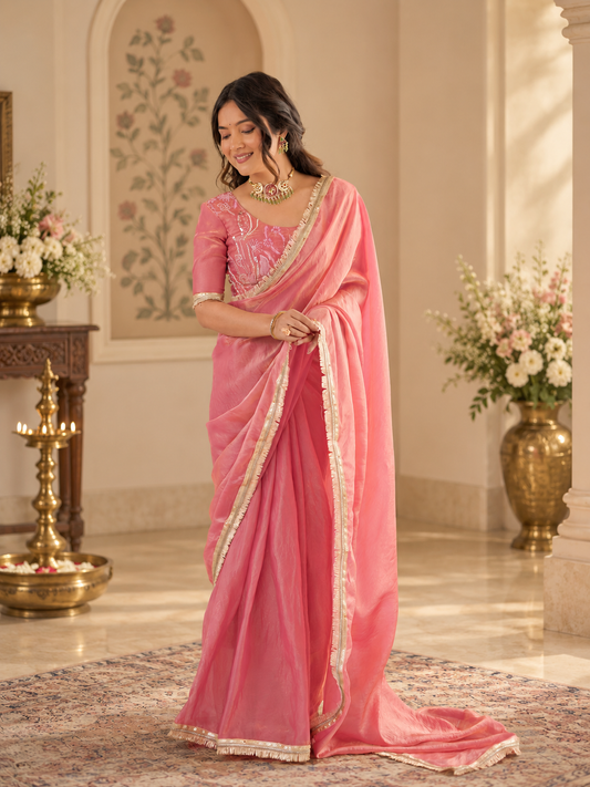 Elegant Rose Pink Fendy Silk Saree With Fancy Lace Work