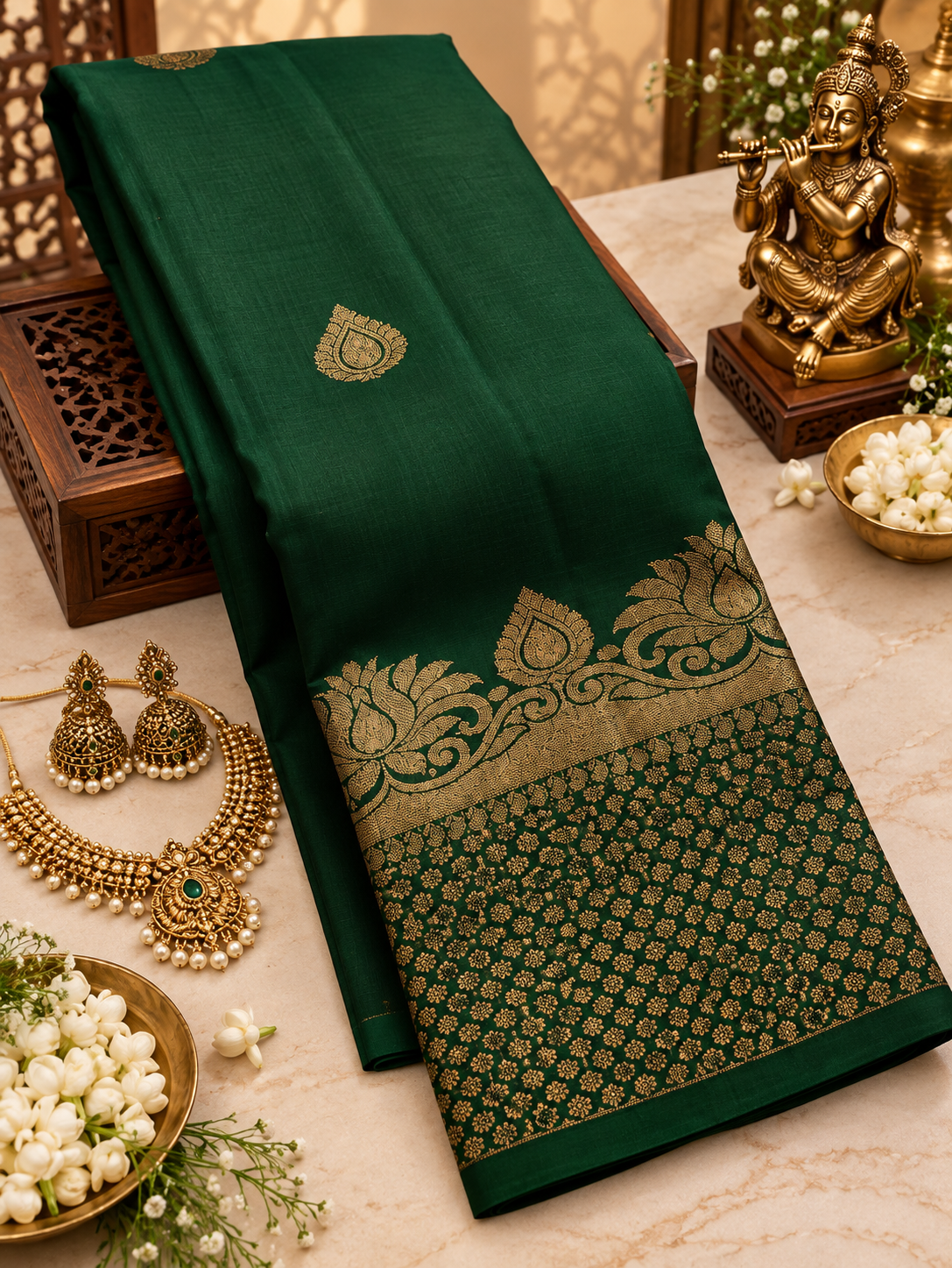 Emerald Green Soft Banarasi Silk Saree with Attractive Blose Piece