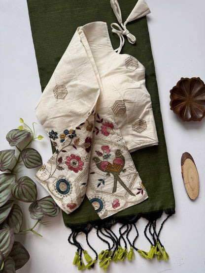 Dharma Exclusive - Dark Green Handloom Cotton Saree With Havy Embroidery Stitched Blouse