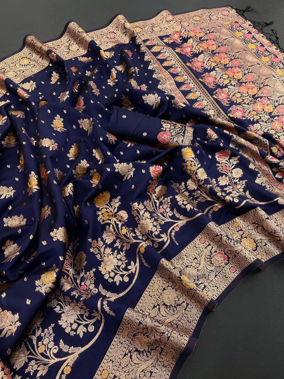 Attractive Navy Blue Banarasi Silk Saree With Zari Border For Women