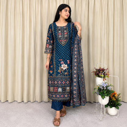 Attractive Prussian Blue Chinon Salwar Suit Set With Mirror Work