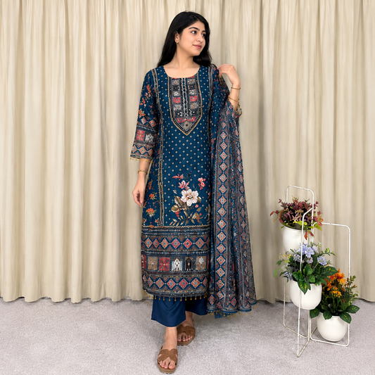 Attractive Prussian Blue Chinon Salwar Suit Set With Mirror Work