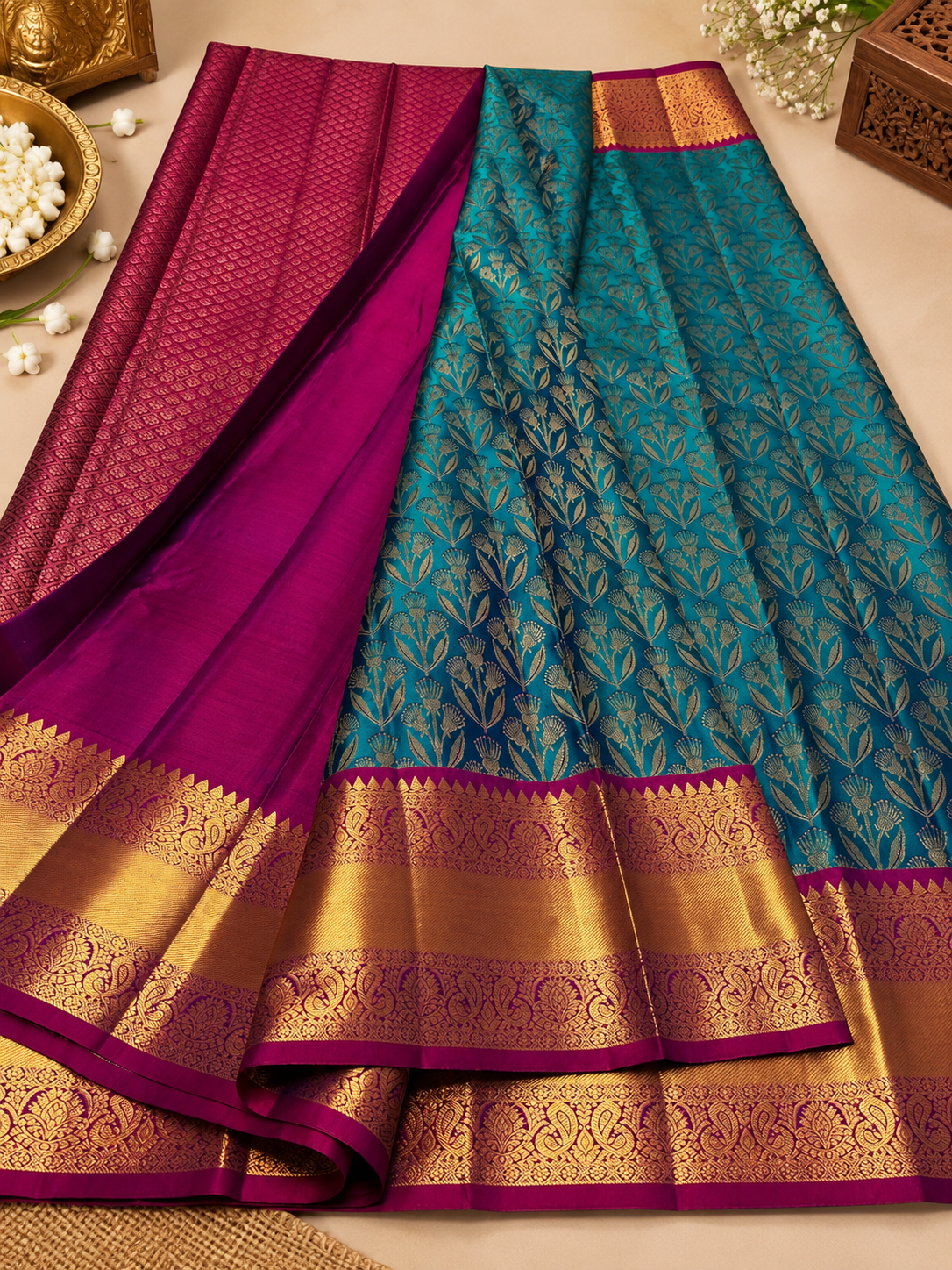 Attractive Rama Woven Soft Banarasi Silk Saree with Gold Zari Floral Jaal