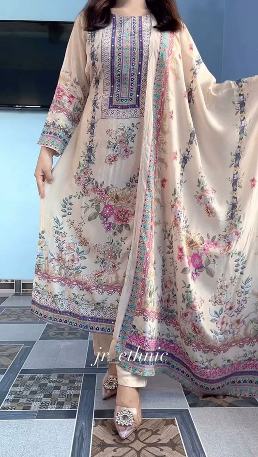 DESIGNER SILK PRINTED & EMBROIDERY WORK SUIT SET