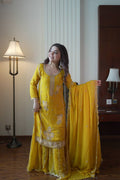 Designer Mustard Yellow Embroidered Fox Georgette Suit Set