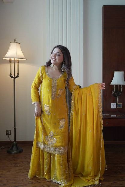 Designer Mustard Yellow Embroidered Fox Georgette Suit Set