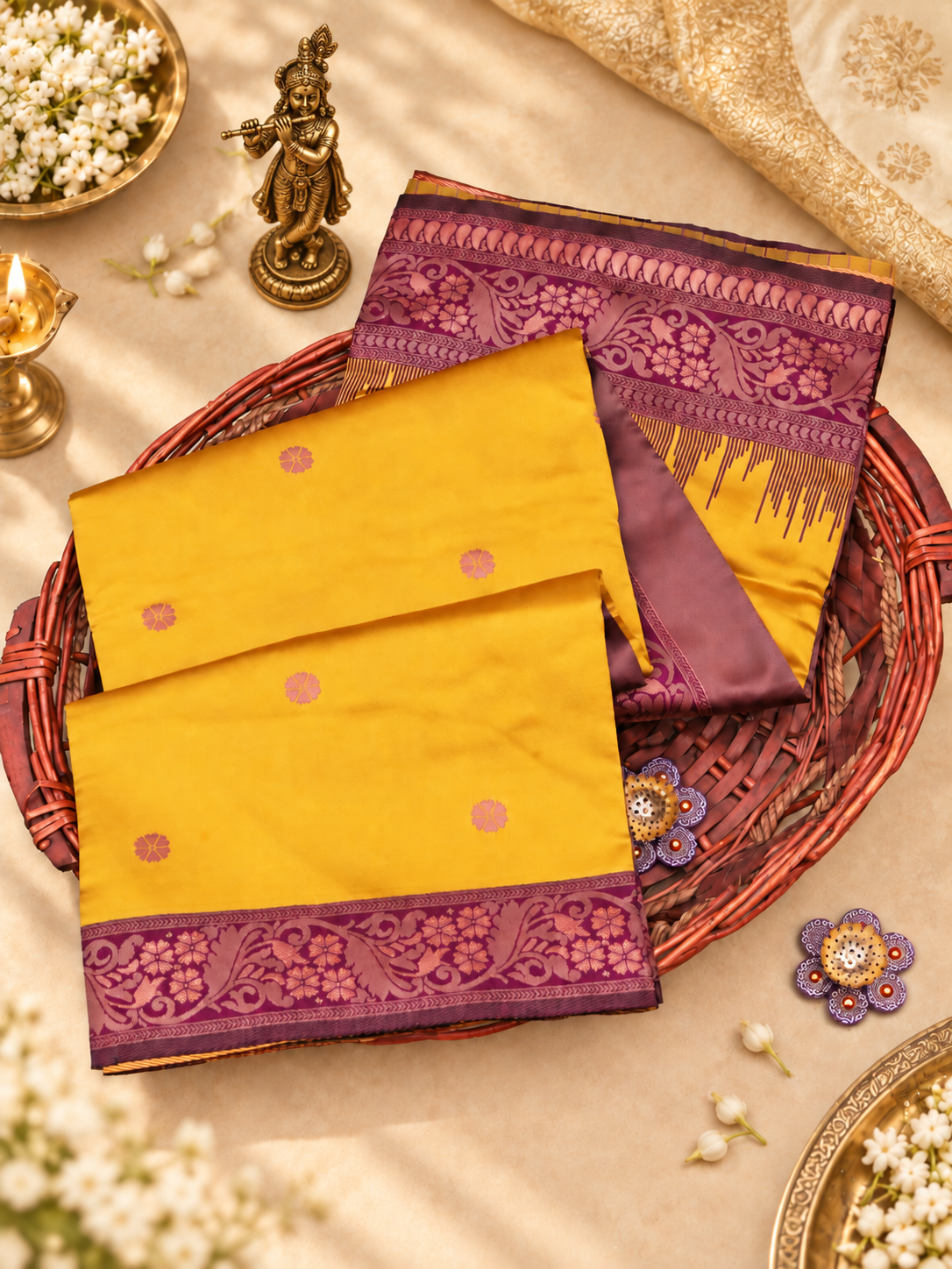 Mustard Yellow Woven Soft Banarasi Silk Saree with Purple Zari Border