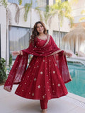 Festive Maroon Crunchy Silk Embroidered Anarkali Suit Set
