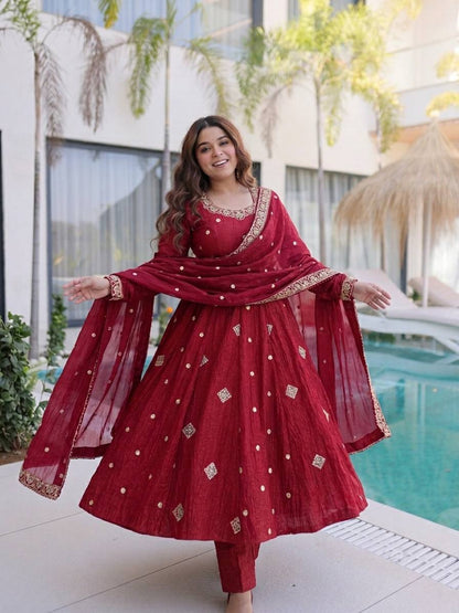 Festive Maroon Crunchy Silk Embroidered Anarkali Suit Set