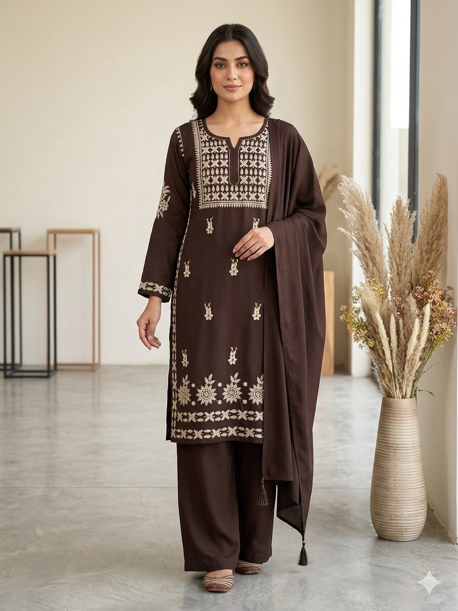 Very Attractive Brown Premium Rayon Embroidery Suit Set Set