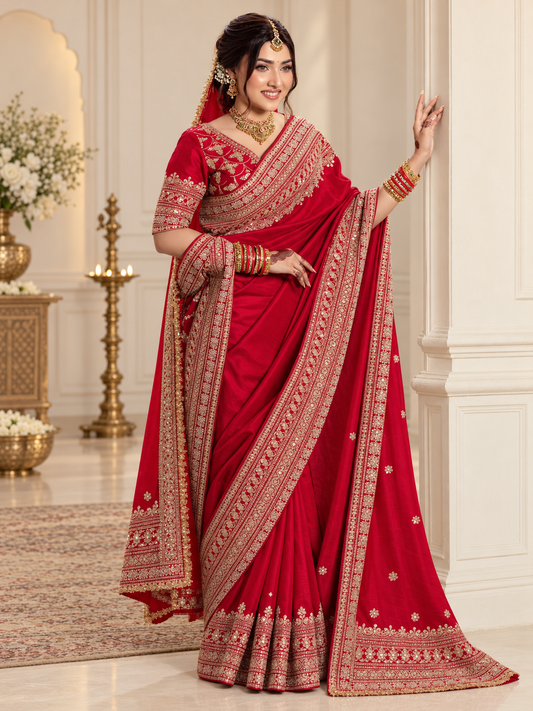 Premium Elegant Red Japan Satin Thread Work Saree
