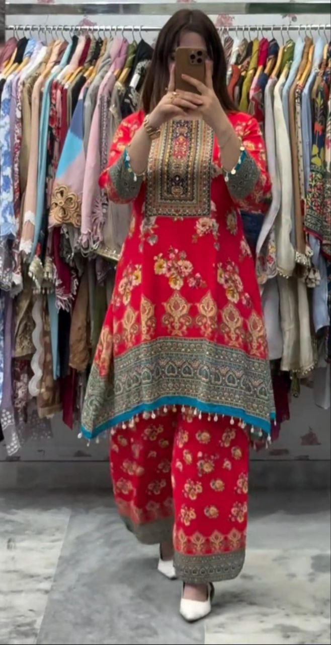 Exclusive Designer Red Malai Satin Co-Ord Set With Fancy Mirror Work