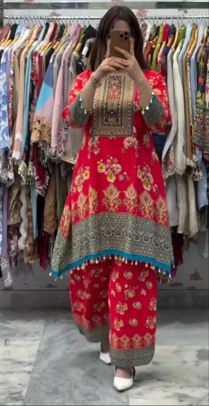 Exclusive Designer Red Malai Satin Co-Ord Set With Fancy Mirror Work