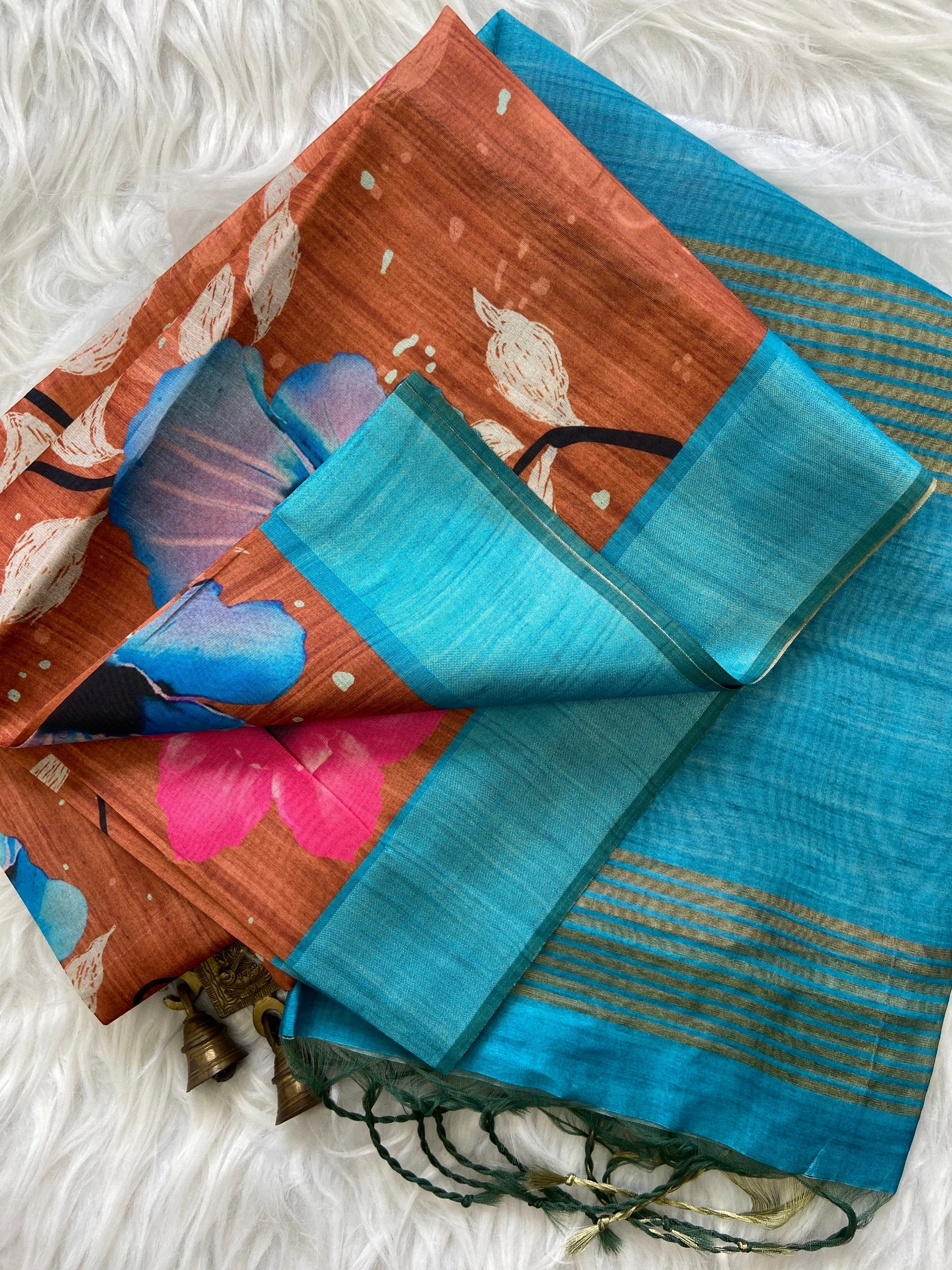 Vasundhara Rust-Turquoise Floral Print Soft Tussar Silk Saree