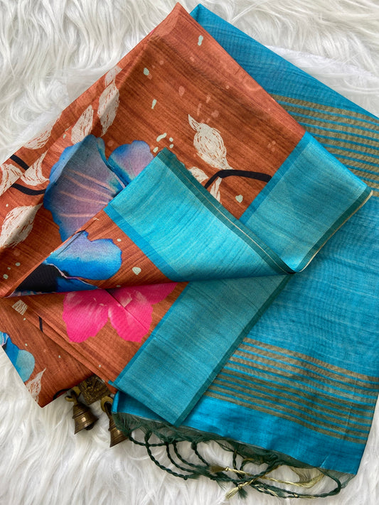 Vasundhara Rust-Turquoise Floral Print Soft Tussar Silk Saree