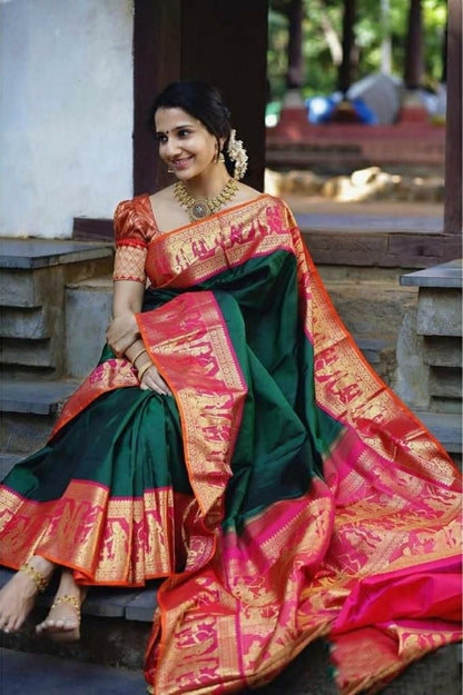 Attractive Green Soft Silk Kanjivaram Style Saree with Beautiful Blouse Piece