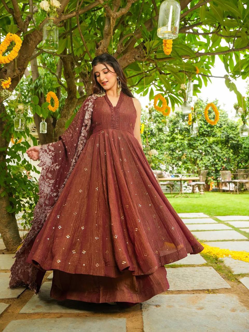 Elegant Brown Crunchy Silk Embroidered Anarkali Suit Set With Dupatta