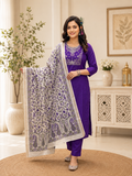Premium Roman Silk Embroidered Suit Set with Kalamkari Dupatta