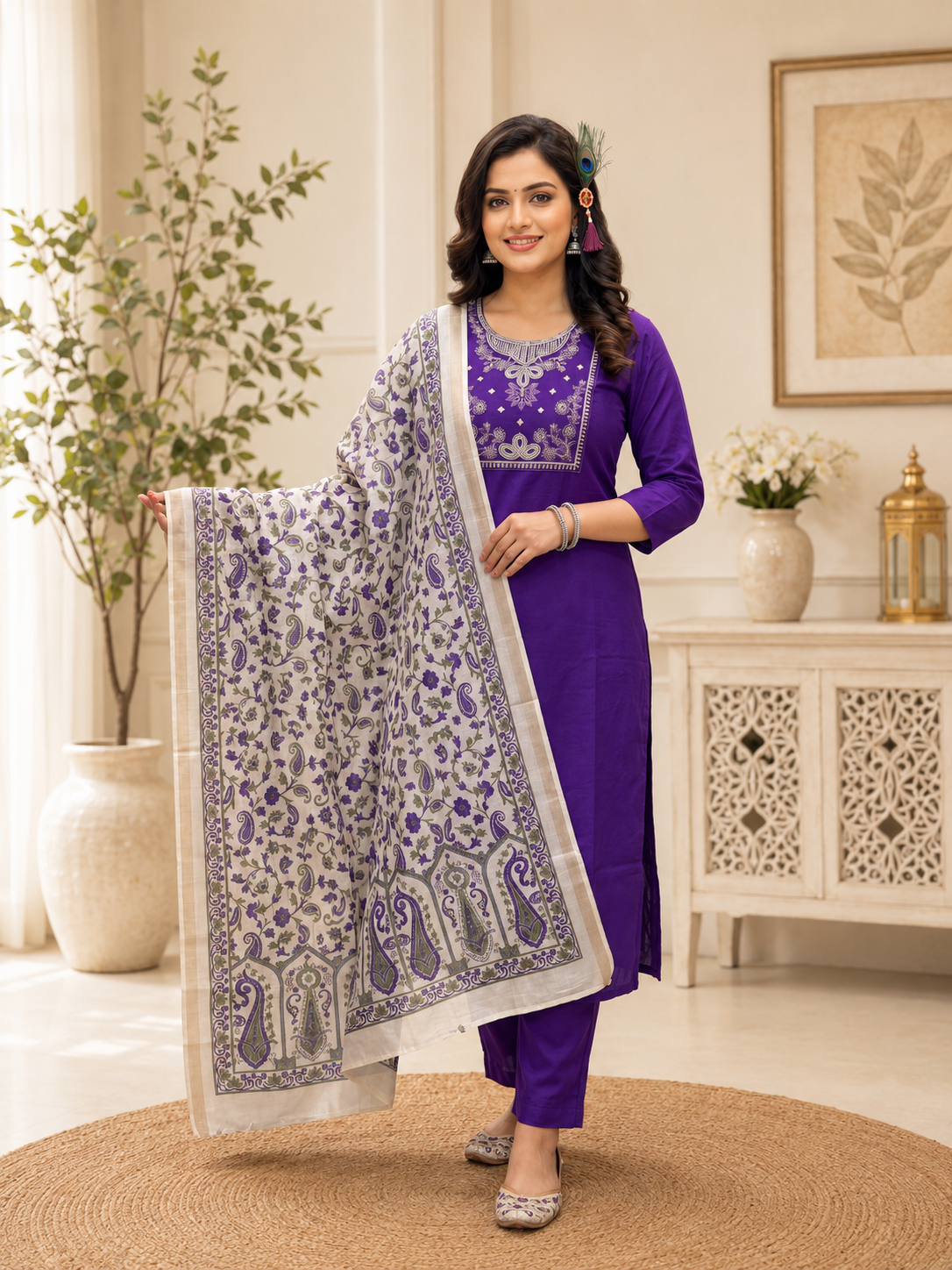 Premium Roman Silk Embroidered Suit Set with Kalamkari Dupatta