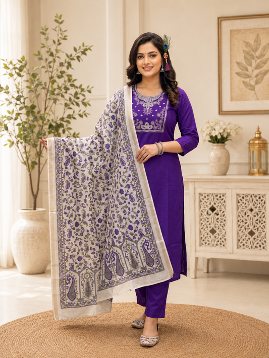 Premium Roman Silk Embroidered Suit Set with Kalamkari Dupatta