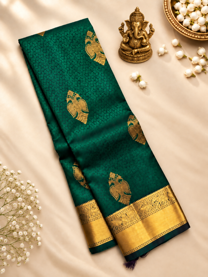 Emerald Elegance Dark Green Soft Banarasi Silk Saree with Gold Zari Border