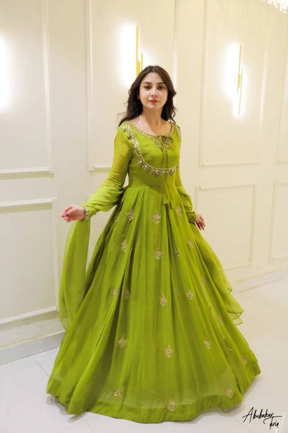 Attractive Parrot Green Georgette Embroidery Anarkali Gown with Dupatta