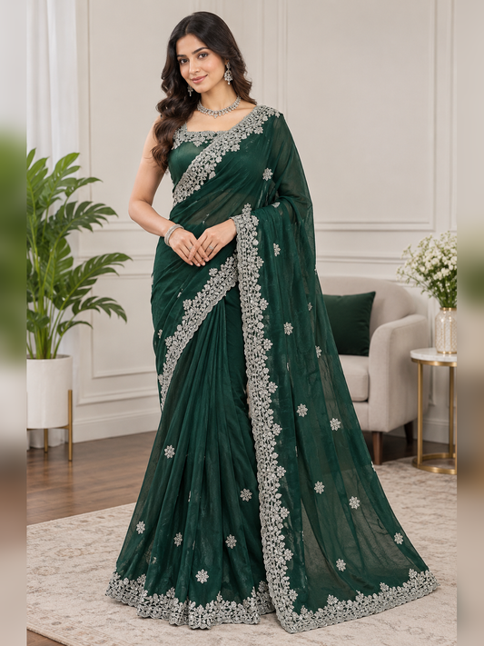 Elegant Emerald Green Fendy Silk Saree