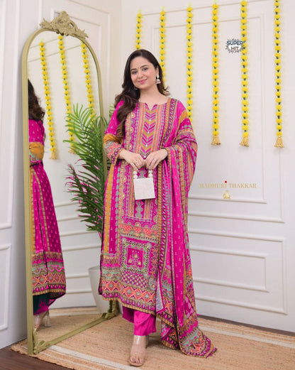 Stylish Pink Printed Muslin Suit Set with Chevron Embroidered Yoke