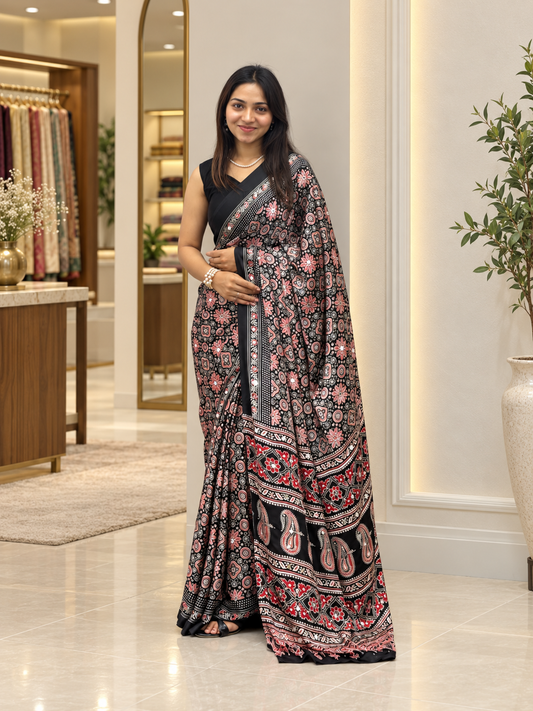 Premium Black Ajrakh Printed Japan Silk Saree with Elegant Pallu