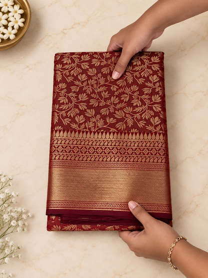 Royal Maroon Gold Zari Woven Banarasi Silk Saree With Transcendent Blouse Piece