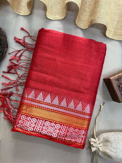TRENDY - RED TEMPLE DESIGNE HANDLOOM TISSUE COTTON SAREE