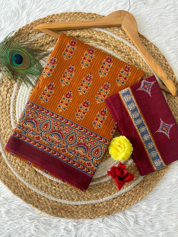 Dharma - Pure Heavy Mul Cotton Saree with Bagru Handblock Print