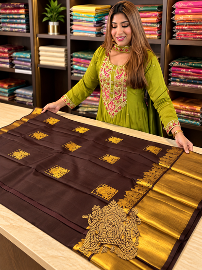 Elegant Brown Soft Banarasi Silk Saree with Snappy Blouse Piece